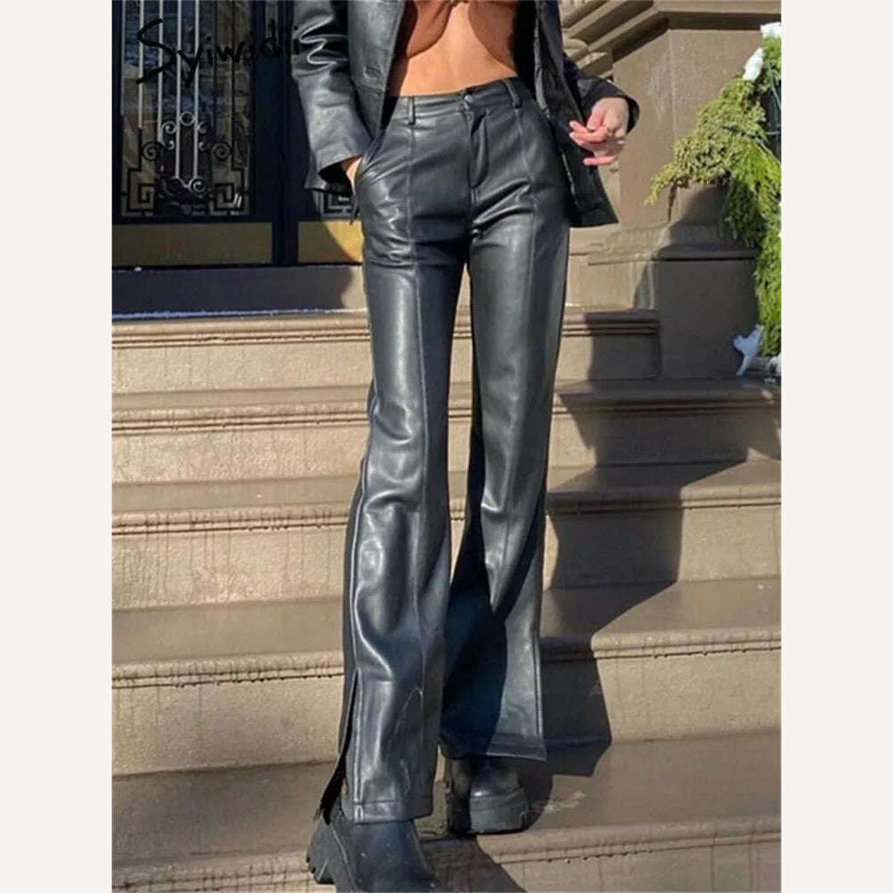 Syiwidii Leather Flare Pants Women Fall Winter 2022 High Waisted Vintage Streetwear Black Brown Wide Leg Pants Fashion Trousers - KIMLUD