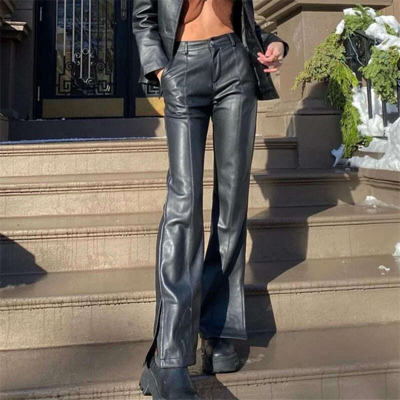 Syiwidii Leather Flare Pants Women Fall Winter 2022 High Waisted Vintage Streetwear Black Brown Wide Leg Pants Fashion Trousers - KIMLUD