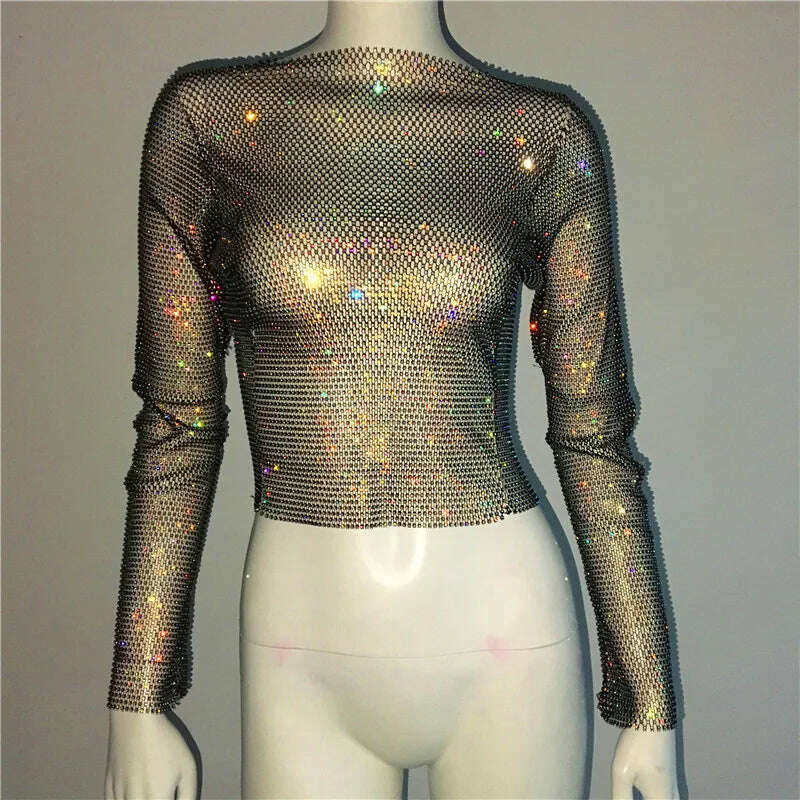 TARUXY Evening Club Party Sparkly Tops For Women Diamonds Cropped Top Outfits Y2k Accessories Hollow Out Glitter Fishnet Tops - KIMLUD