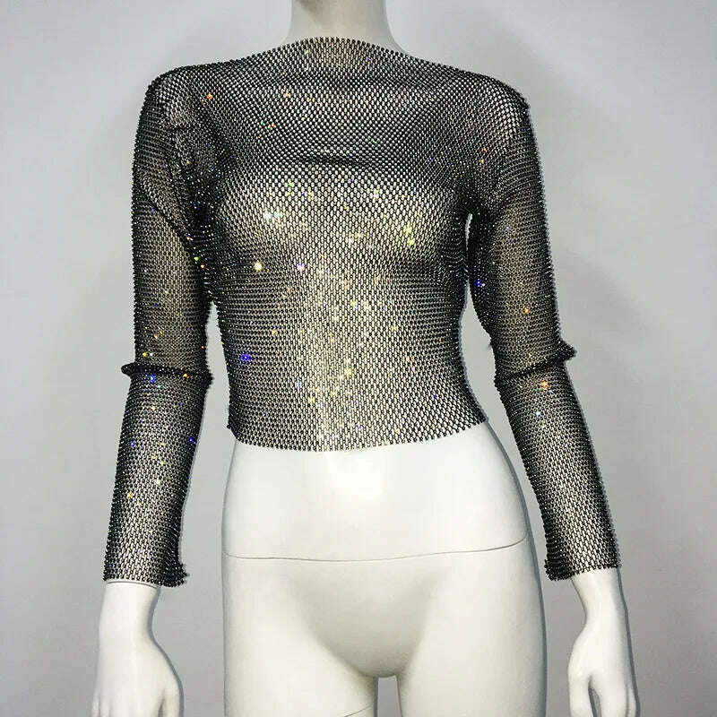 TARUXY Evening Club Party Sparkly Tops For Women Diamonds Cropped Top Outfits Y2k Accessories Hollow Out Glitter Fishnet Tops - KIMLUD