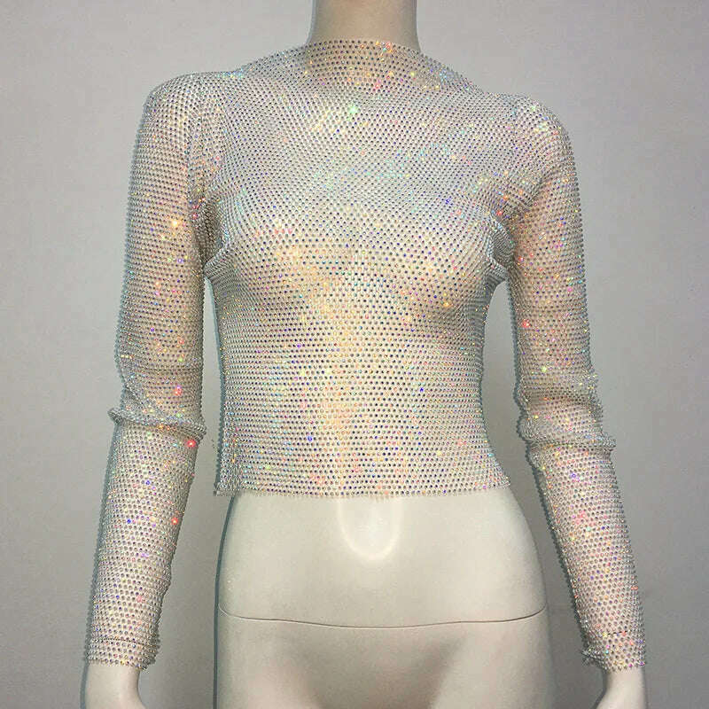 TARUXY Evening Club Party Sparkly Tops For Women Diamonds Cropped Top Outfits Y2k Accessories Hollow Out Glitter Fishnet Tops - KIMLUD