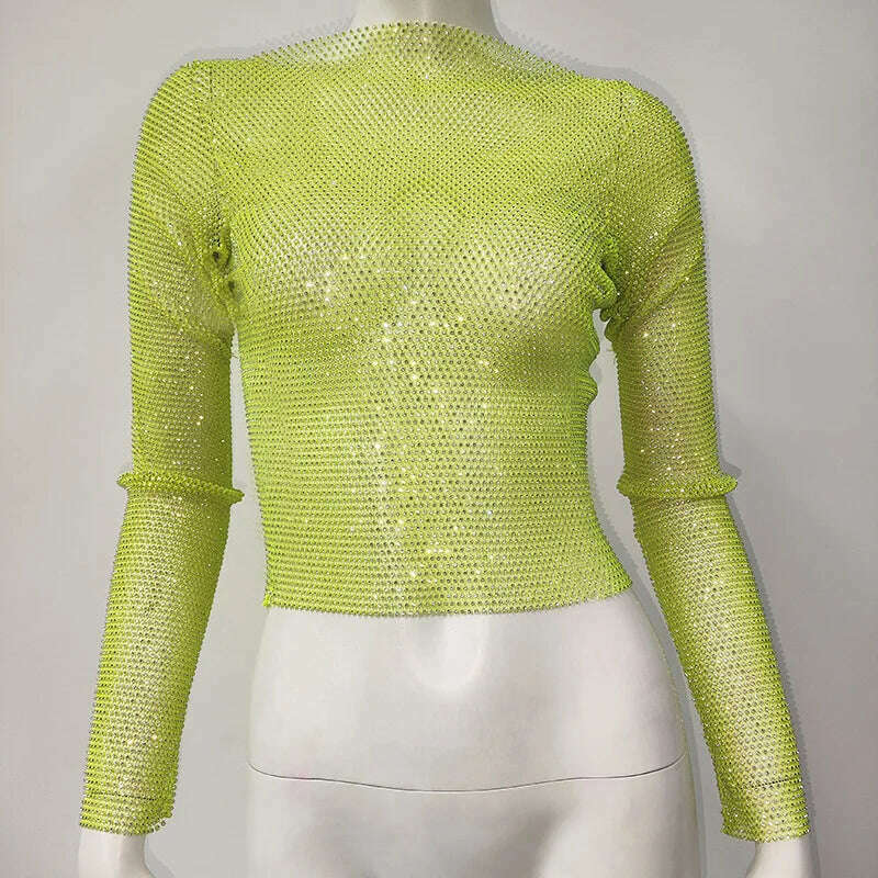 TARUXY Evening Club Party Sparkly Tops For Women Diamonds Cropped Top Outfits Y2k Accessories Hollow Out Glitter Fishnet Tops - KIMLUD