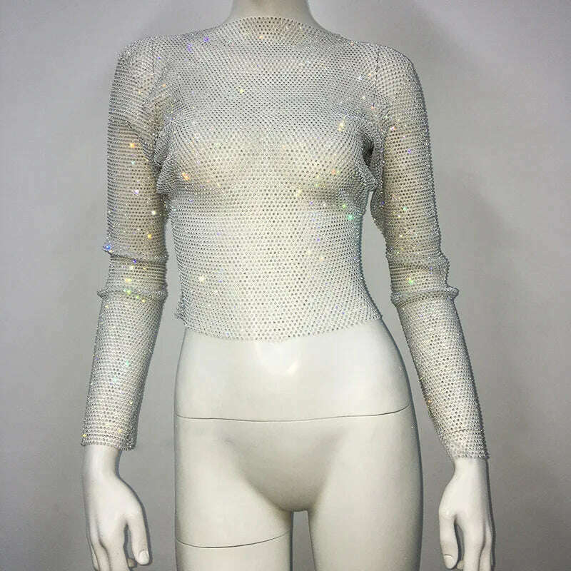 TARUXY Evening Club Party Sparkly Tops For Women Diamonds Cropped Top Outfits Y2k Accessories Hollow Out Glitter Fishnet Tops - KIMLUD