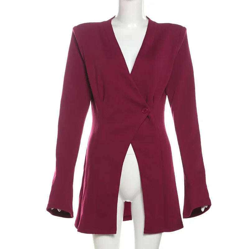 TARUXY Slim White Button Blazer Coat For Women V Neck Long Sleeve Office Lady Coat Slit High Waisted Outwear Autumn Winter New - KIMLUD