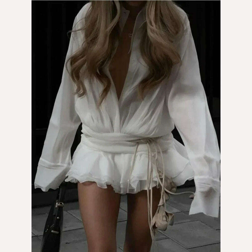 TARUXY White Chiffon Mini Dress For Women Casual Loose Oversized Pleated Mini Dress See-through Summer Beach Elegant Shirt Dress - KIMLUD