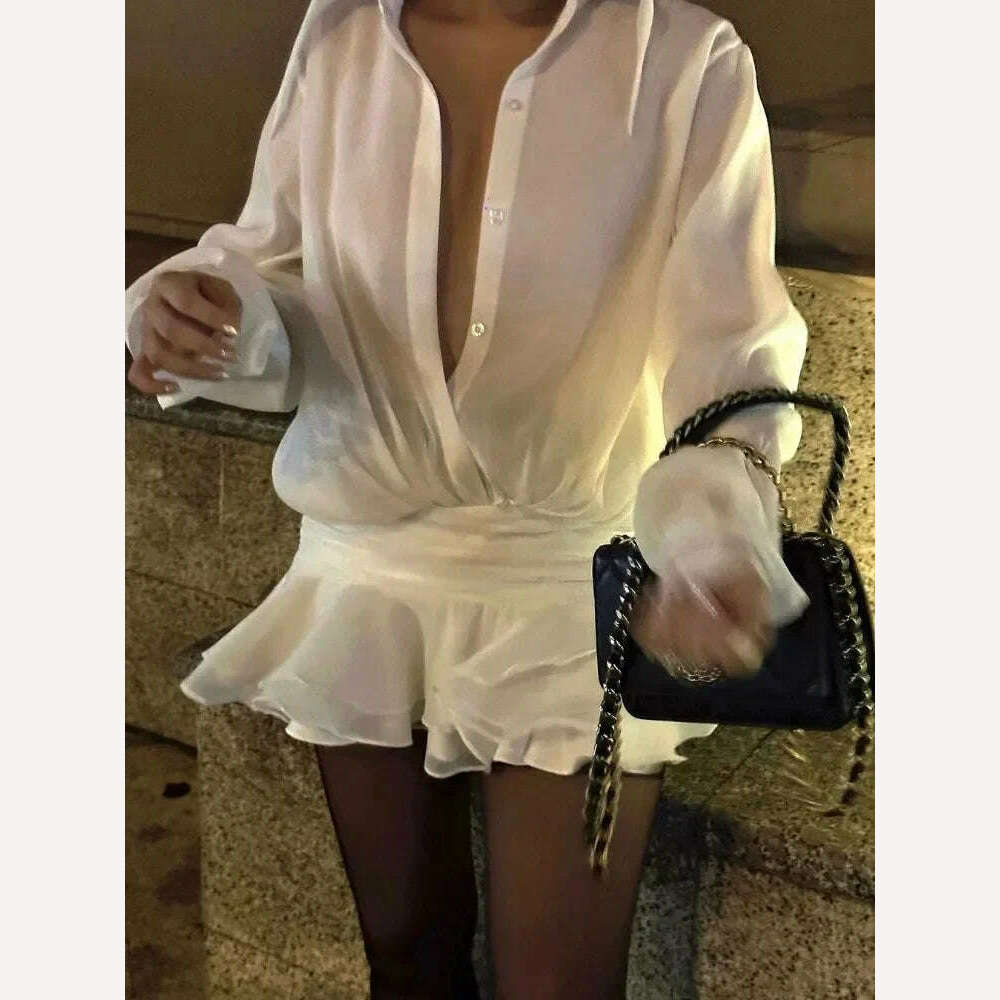 TARUXY White Chiffon Mini Dress For Women Casual Loose Oversized Pleated Mini Dress See-through Summer Beach Elegant Shirt Dress - KIMLUD
