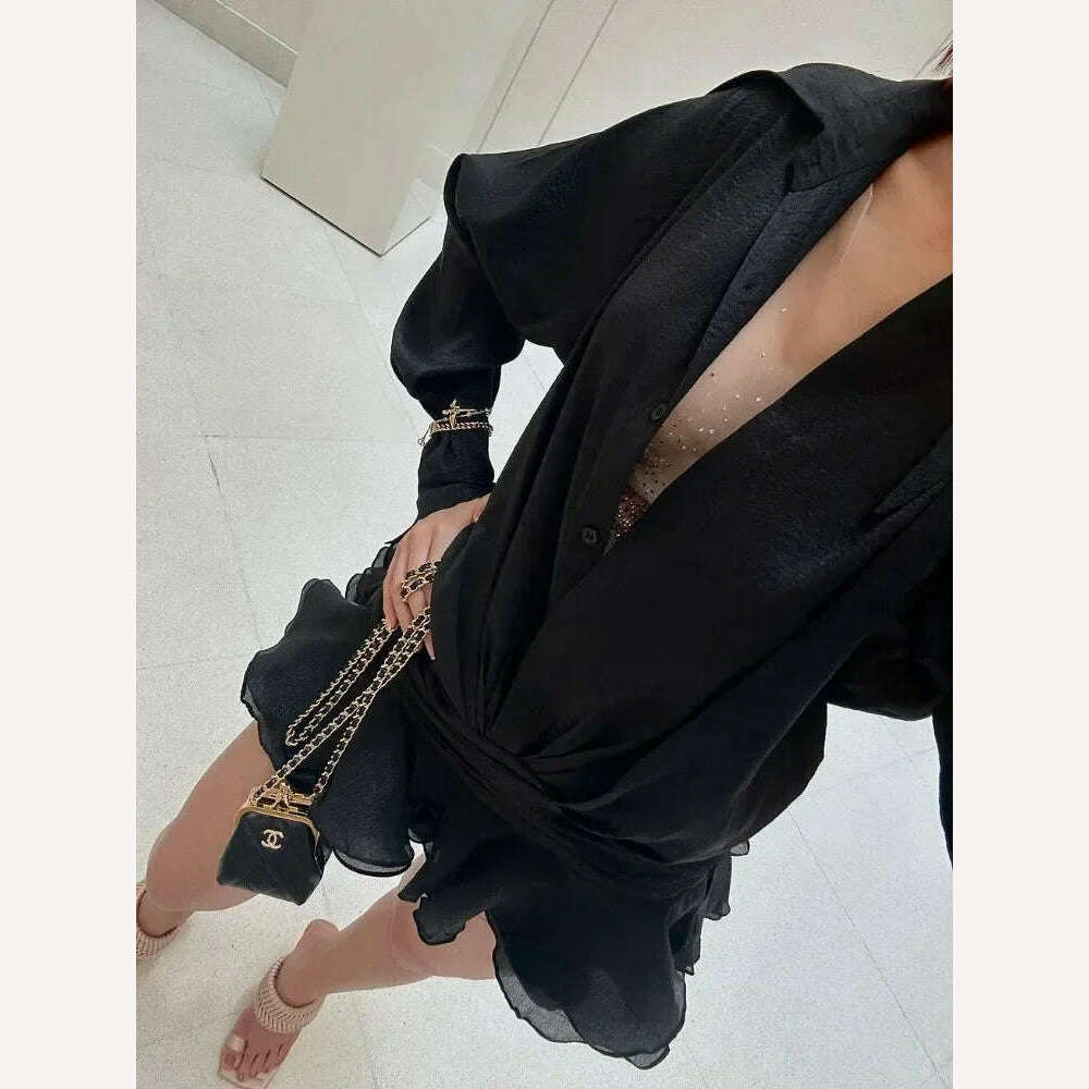 TARUXY White Chiffon Mini Dress For Women Casual Loose Oversized Pleated Mini Dress See-through Summer Beach Elegant Shirt Dress - KIMLUD