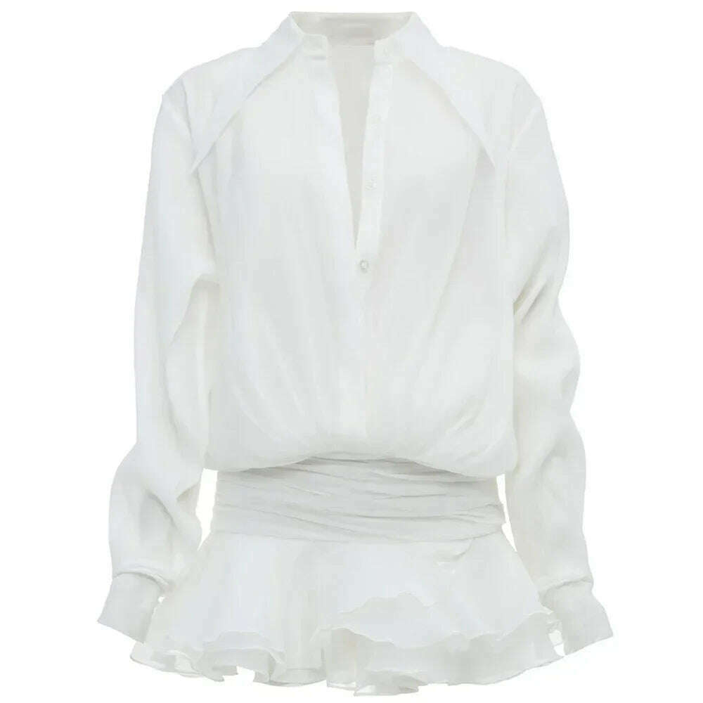 TARUXY White Chiffon Mini Dress For Women Casual Loose Oversized Pleated Mini Dress See-through Summer Beach Elegant Shirt Dress - KIMLUD