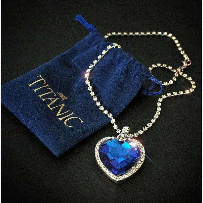 Titanic Heart of Ocean Blue Heart Love Forever Pendant Necklace with Titanic Earrings + Velvet Bag - KIMLUD