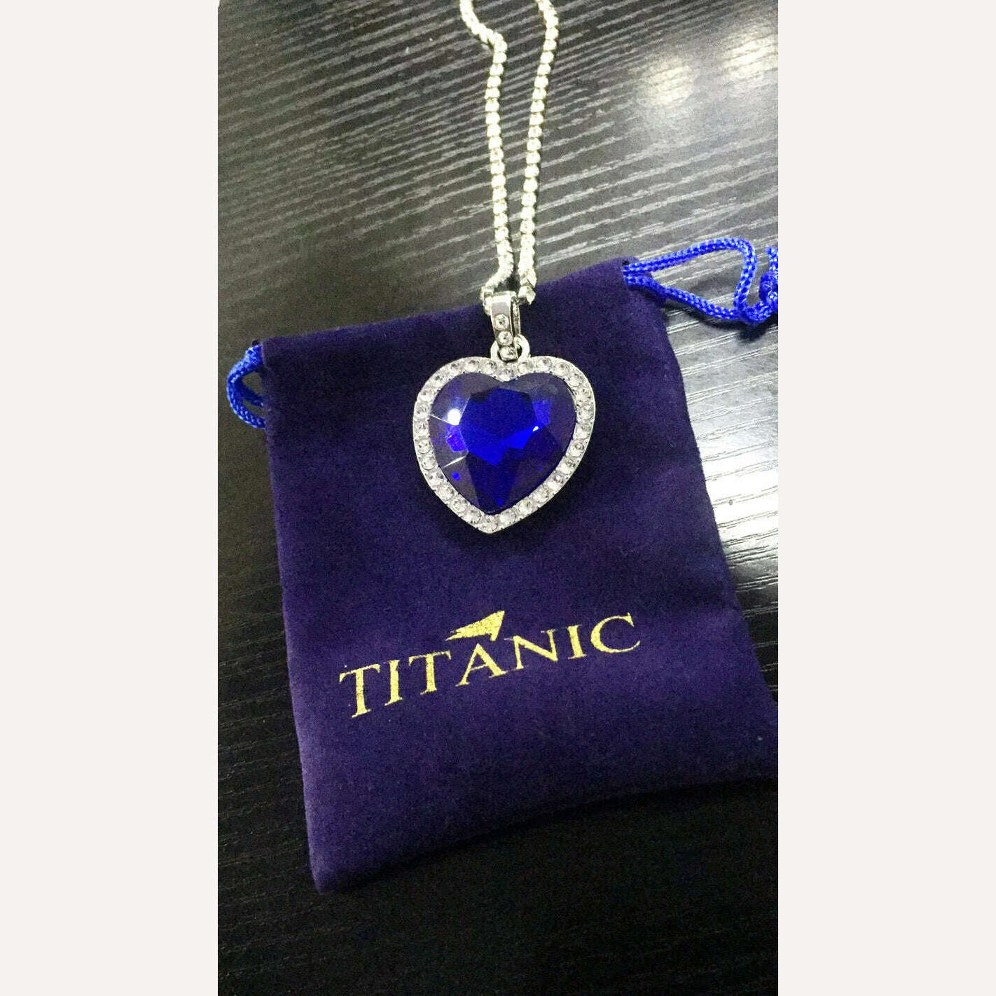 Titanic Heart of Ocean Blue Heart Love Forever Pendant Necklace with Titanic Earrings + Velvet Bag - KIMLUD