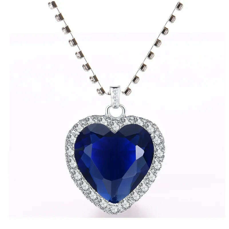 Titanic Heart of Ocean Blue Heart Love Forever Pendant Necklace with Titanic Earrings + Velvet Bag - KIMLUD