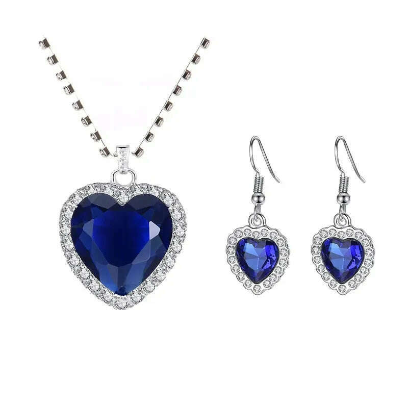 Titanic Heart of Ocean Blue Heart Love Forever Pendant Necklace with Titanic Earrings + Velvet Bag - KIMLUD