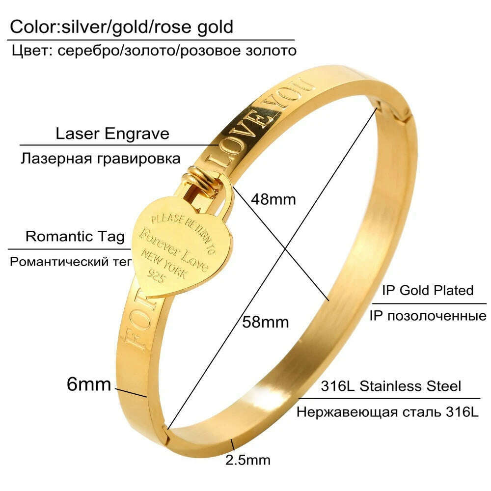 Trendy Lover Cuff Bracelets Bangles for Woman Rose Gold Color Stainless Steel Bracelet with Heart Pendant Luxury Jewelry - KIMLUD