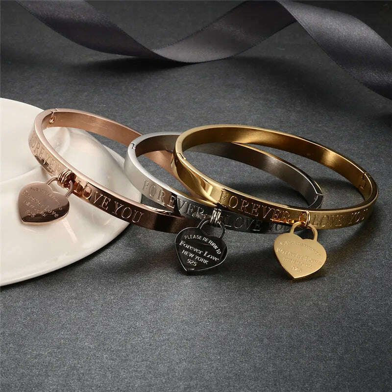 Trendy Lover Cuff Bracelets Bangles for Woman Rose Gold Color Stainless Steel Bracelet with Heart Pendant Luxury Jewelry - KIMLUD
