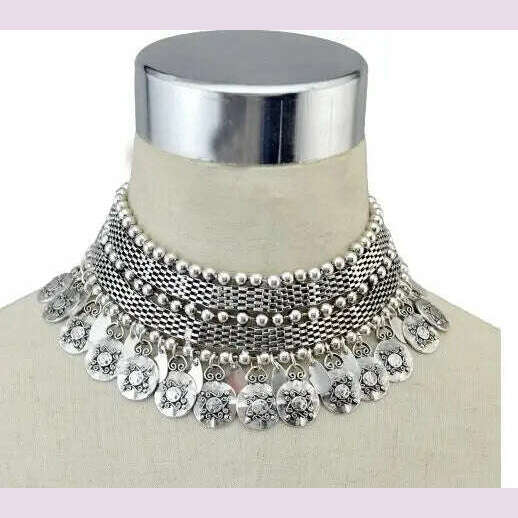 KIMLUD, Turkish Ethnic Tribal Tibeten Coin Chunky Necklace India Oxidized Collar Choker Bib Neck Chain Afghan Gypsy Statement Jewelry, silver, KIMLUD APPAREL - Womens Clothes