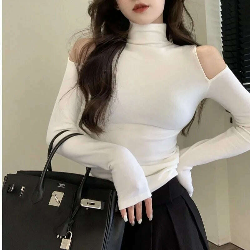 Turtleneck T-shirts Women Slim Long Sleeve Designed Sexy Autumn Tops Elegant Office Lady Sweet Temper All-match Popular Korean - KIMLUD