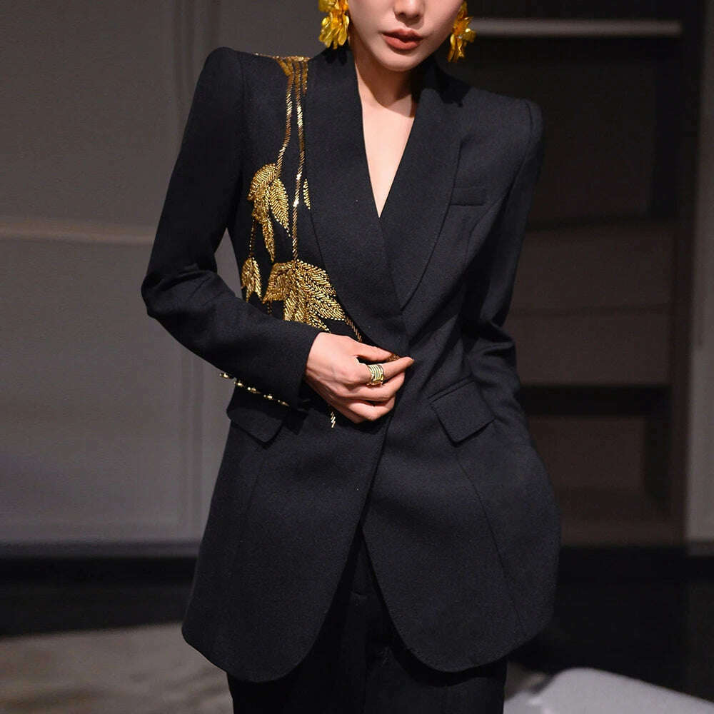 KIMLUD, TWOTWINSTYLE Solid Slimming Spliced Bead Elegant Blazer for Women Lapel Long Sleeves Patchwork Buttons Coat Female Clothing New, KIMLUD Womens Clothes