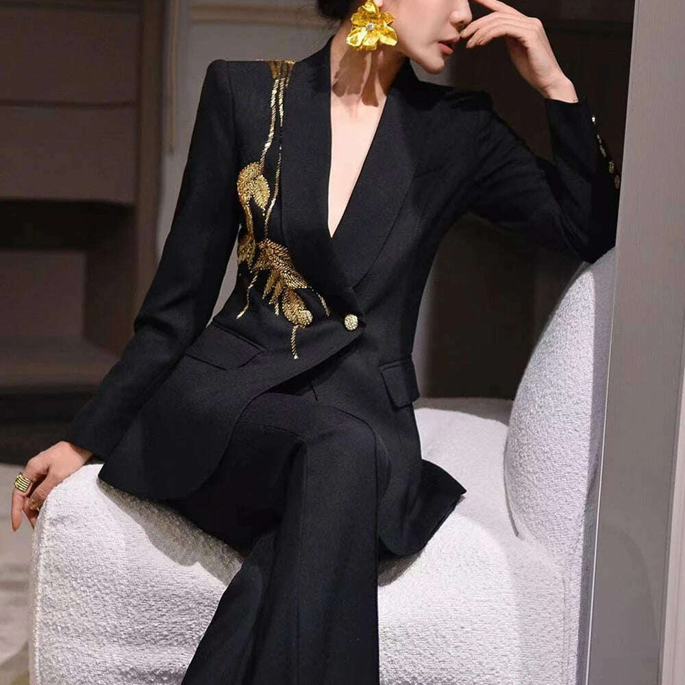 KIMLUD, TWOTWINSTYLE Solid Slimming Spliced Bead Elegant Blazer for Women Lapel Long Sleeves Patchwork Buttons Coat Female Clothing New, KIMLUD Womens Clothes