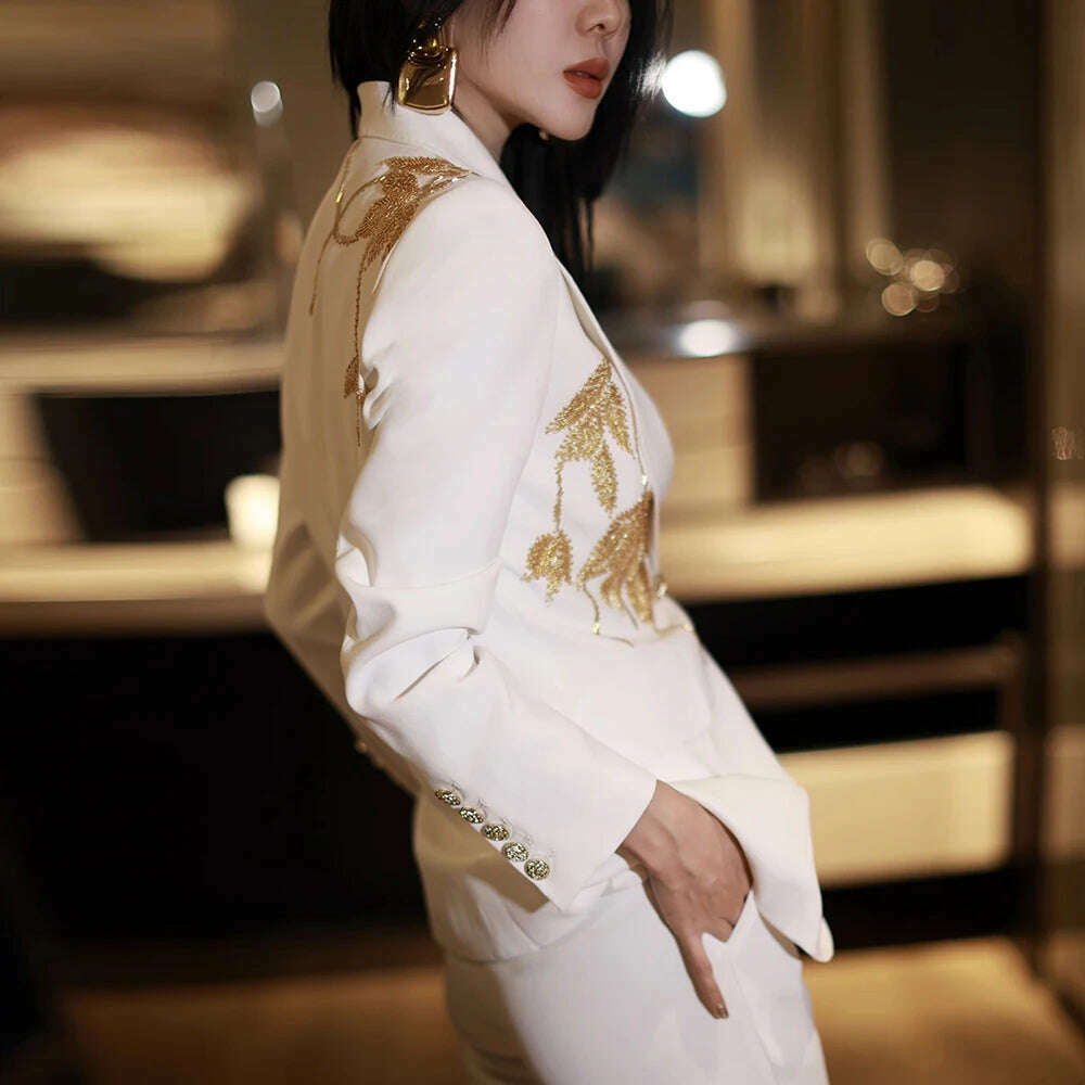 KIMLUD, TWOTWINSTYLE Solid Slimming Spliced Bead Elegant Blazer for Women Lapel Long Sleeves Patchwork Buttons Coat Female Clothing New, KIMLUD Womens Clothes