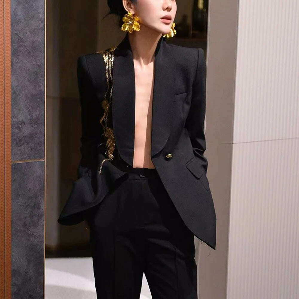 KIMLUD, TWOTWINSTYLE Solid Slimming Spliced Bead Elegant Blazer for Women Lapel Long Sleeves Patchwork Buttons Coat Female Clothing New, BLACK / M, KIMLUD APPAREL - Womens Clothes