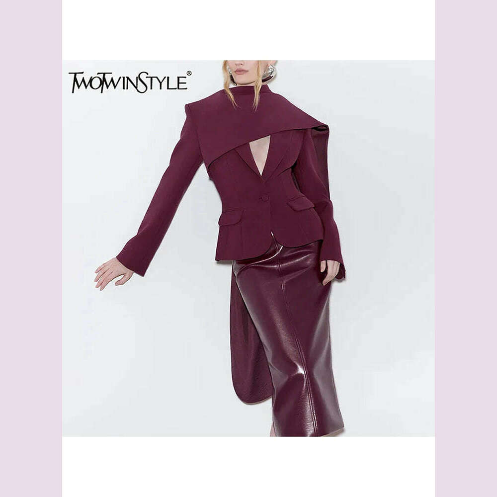 TWOTWINSTYLE Solid Spliced Pockets Jackets For Women Scarf Collar Long Sleeve Temperament Designer Coats Female Fashion Style - KIMLUD