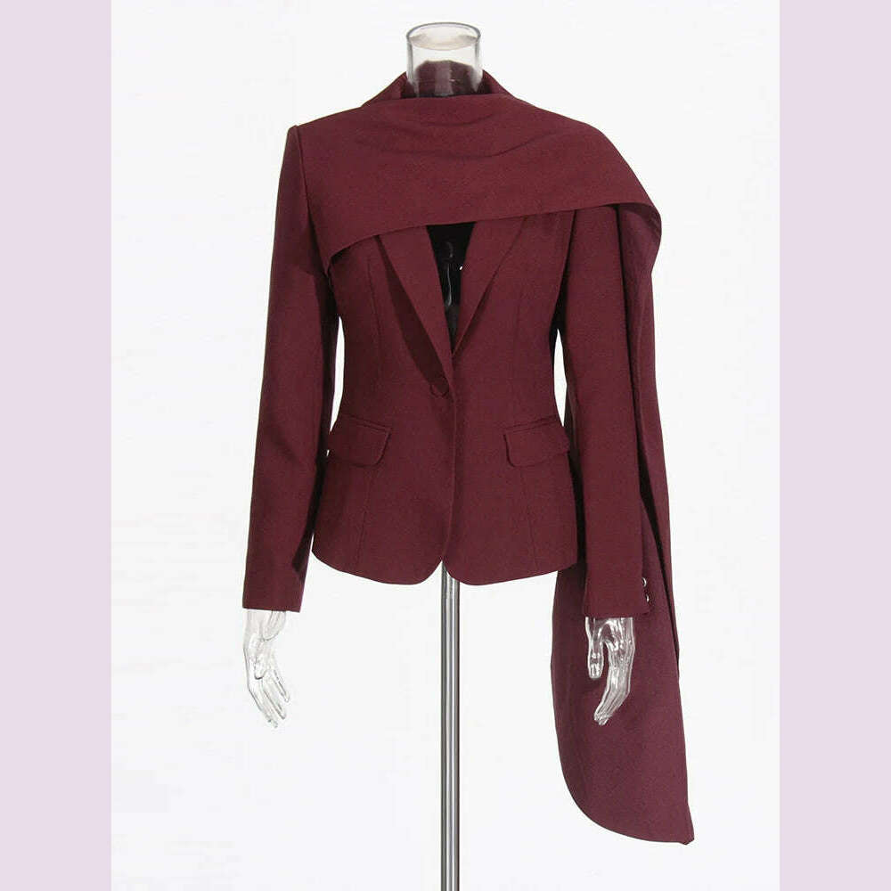 TWOTWINSTYLE Solid Spliced Pockets Jackets For Women Scarf Collar Long Sleeve Temperament Designer Coats Female Fashion Style - KIMLUD