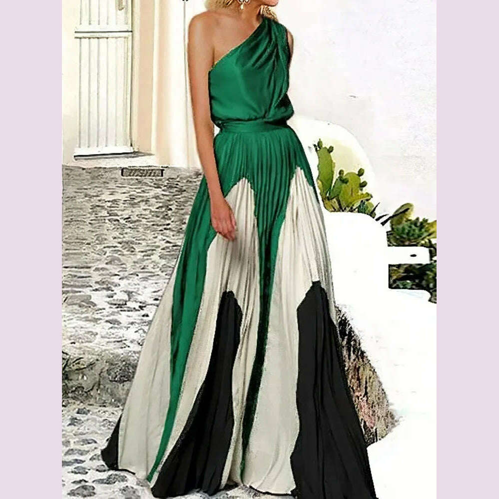 KIMLUD, Uoozee Women Fashion Printed Elegant Party Evening Dresses 2024 New Summer Sleeveless One-Shoulder Pleated A-Line Long Dress, KIMLUD Womens Clothes