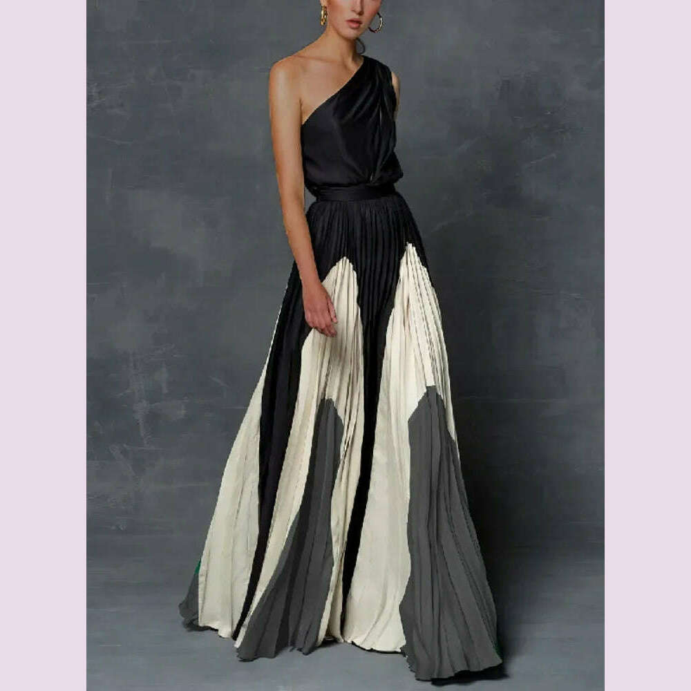 KIMLUD, Uoozee Women Fashion Printed Elegant Party Evening Dresses 2024 New Summer Sleeveless One-Shoulder Pleated A-Line Long Dress, KIMLUD Womens Clothes