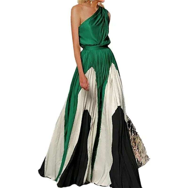 KIMLUD, Uoozee Women Fashion Printed Elegant Party Evening Dresses 2024 New Summer Sleeveless One-Shoulder Pleated A-Line Long Dress, KIMLUD Womens Clothes