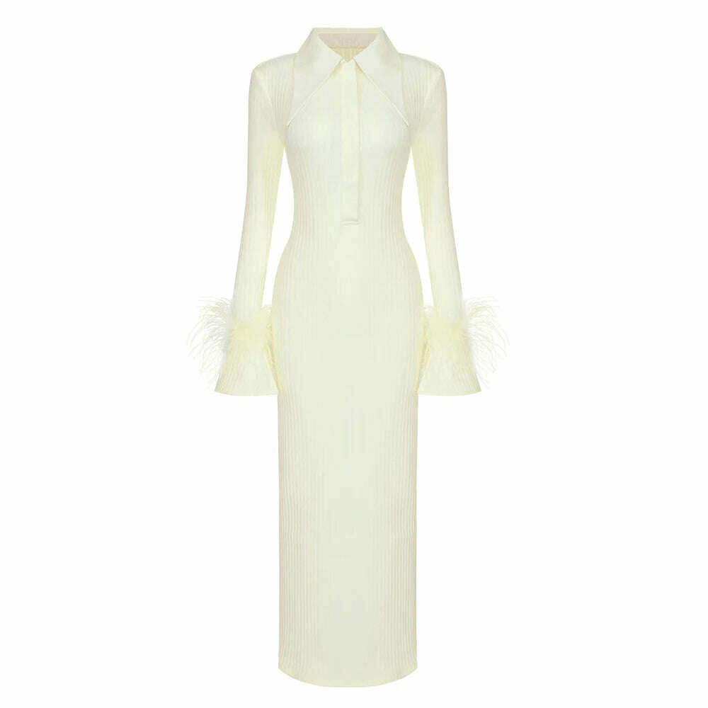 VC Light Yellow Maxi Dress Women Elegant Bodycon Bandage Long Sleeve Feather Design Party Dress Vestidos - KIMLUD