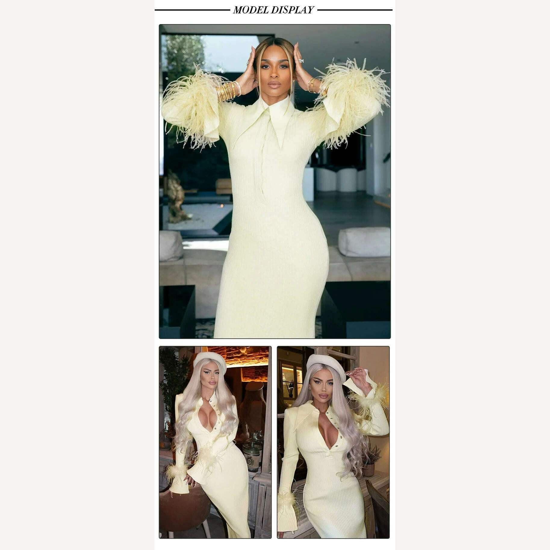 VC Light Yellow Maxi Dress Women Elegant Bodycon Bandage Long Sleeve Feather Design Party Dress Vestidos - KIMLUD