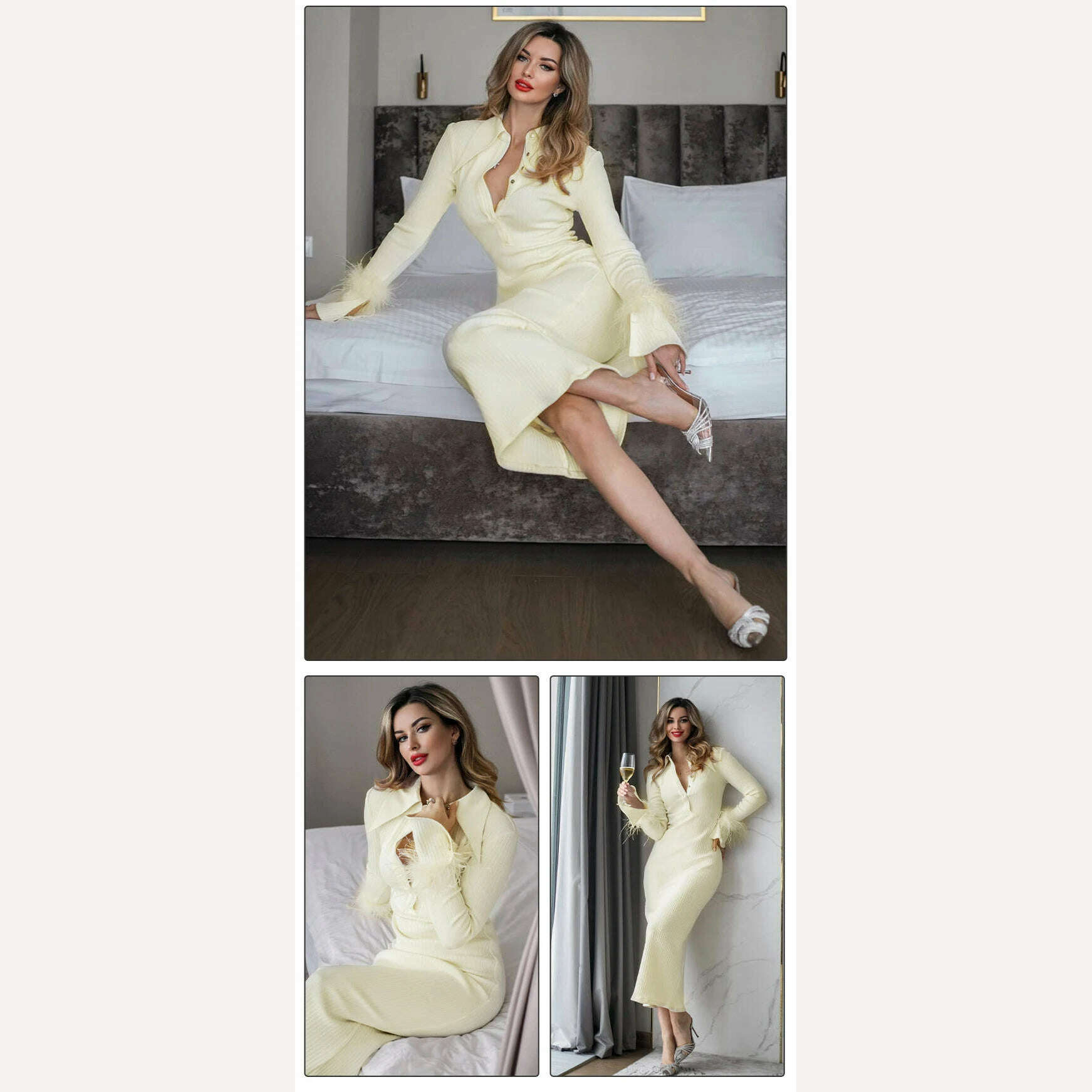 VC Light Yellow Maxi Dress Women Elegant Bodycon Bandage Long Sleeve Feather Design Party Dress Vestidos - KIMLUD