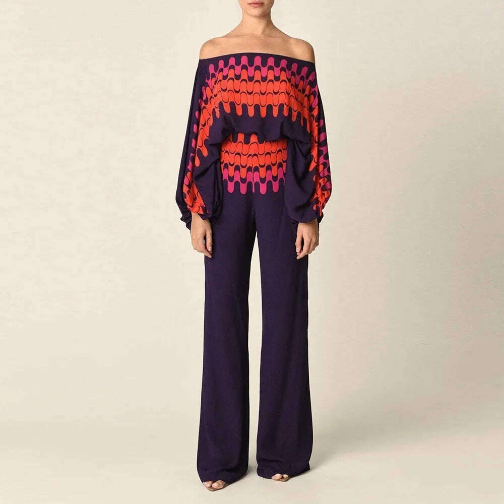 VGH Casual Hit Color Two Piece Set For Women Skew Collar Lantern Long Sleeve Tops High Waiat Wide Leg Pants Fashion Sets Female - KIMLUD
