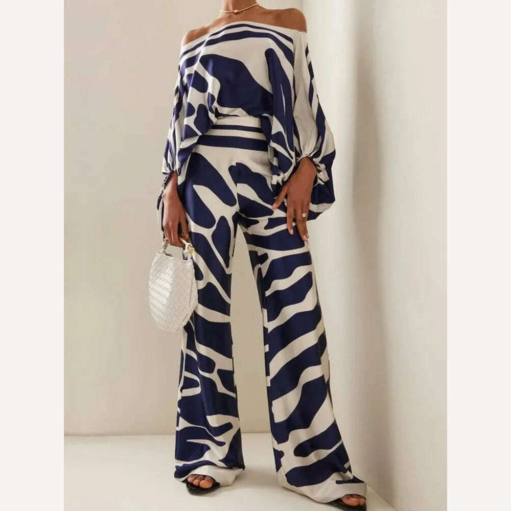VGH Casual Hit Color Two Piece Set For Women Skew Collar Lantern Long Sleeve Tops High Waiat Wide Leg Pants Fashion Sets Female - KIMLUD