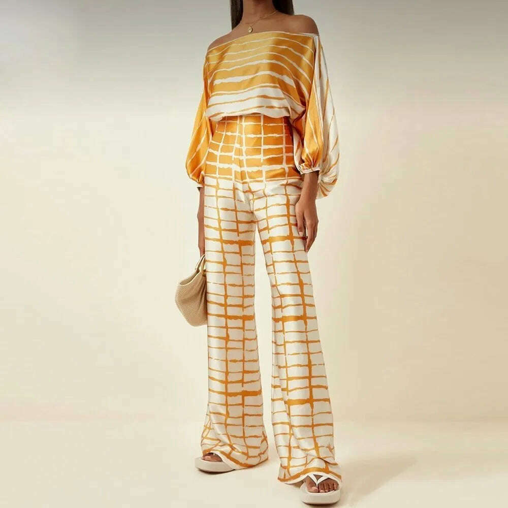 VGH Casual Hit Color Two Piece Set For Women Skew Collar Lantern Long Sleeve Tops High Waiat Wide Leg Pants Fashion Sets Female - KIMLUD