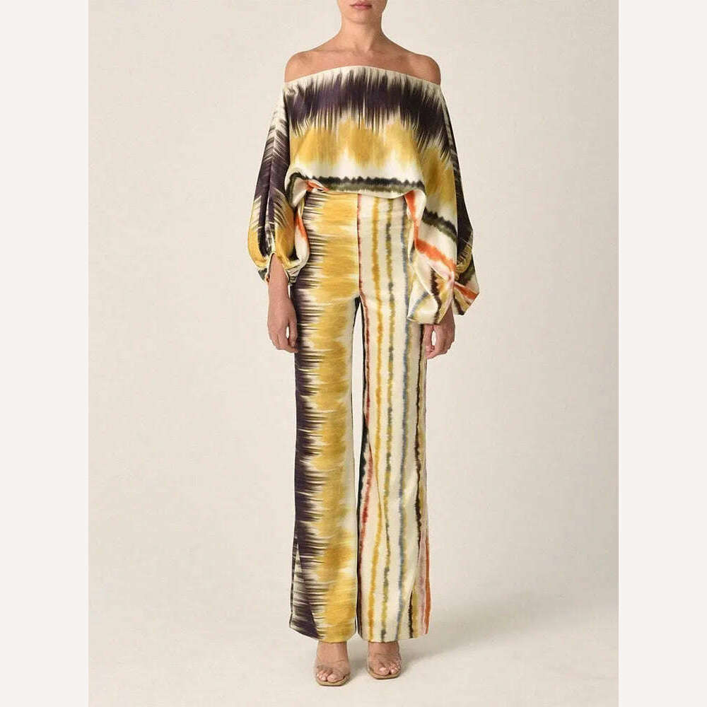 VGH Casual Hit Color Two Piece Set For Women Skew Collar Lantern Long Sleeve Tops High Waiat Wide Leg Pants Fashion Sets Female - KIMLUD
