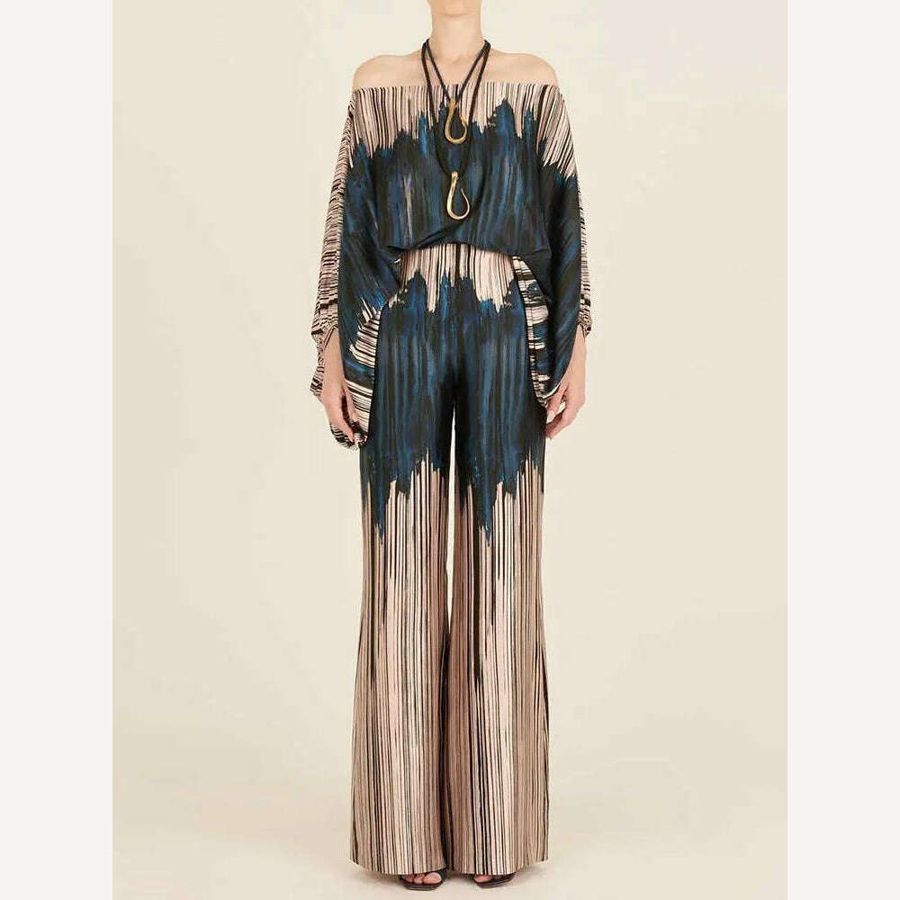 VGH Casual Hit Color Two Piece Set For Women Skew Collar Lantern Long Sleeve Tops High Waiat Wide Leg Pants Fashion Sets Female - KIMLUD