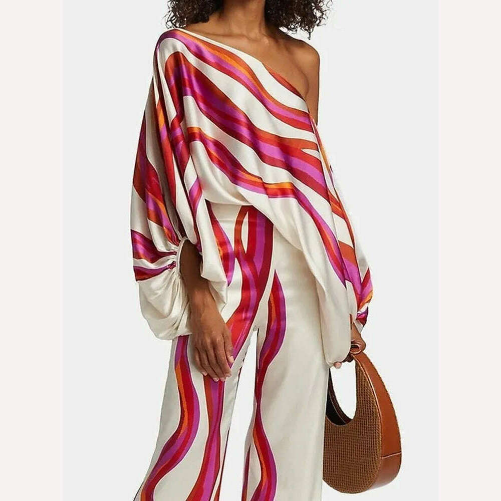 VGH Casual Hit Color Two Piece Set For Women Skew Collar Lantern Long Sleeve Tops High Waiat Wide Leg Pants Fashion Sets Female - KIMLUD
