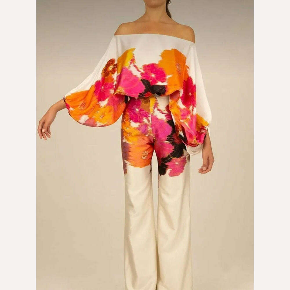VGH Casual Hit Color Two Piece Set For Women Skew Collar Lantern Long Sleeve Tops High Waiat Wide Leg Pants Fashion Sets Female - KIMLUD