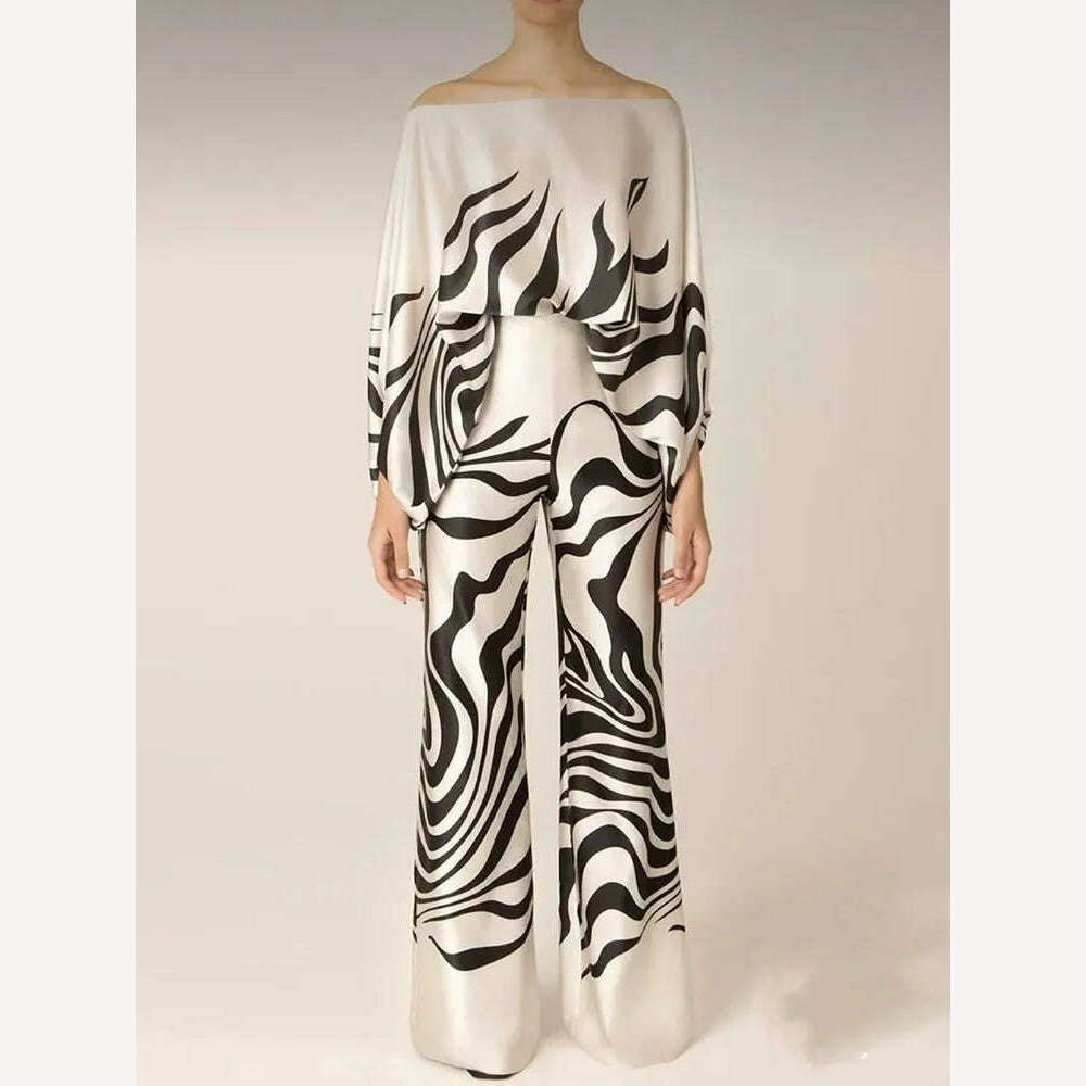 VGH Casual Hit Color Two Piece Set For Women Skew Collar Lantern Long Sleeve Tops High Waiat Wide Leg Pants Fashion Sets Female - KIMLUD