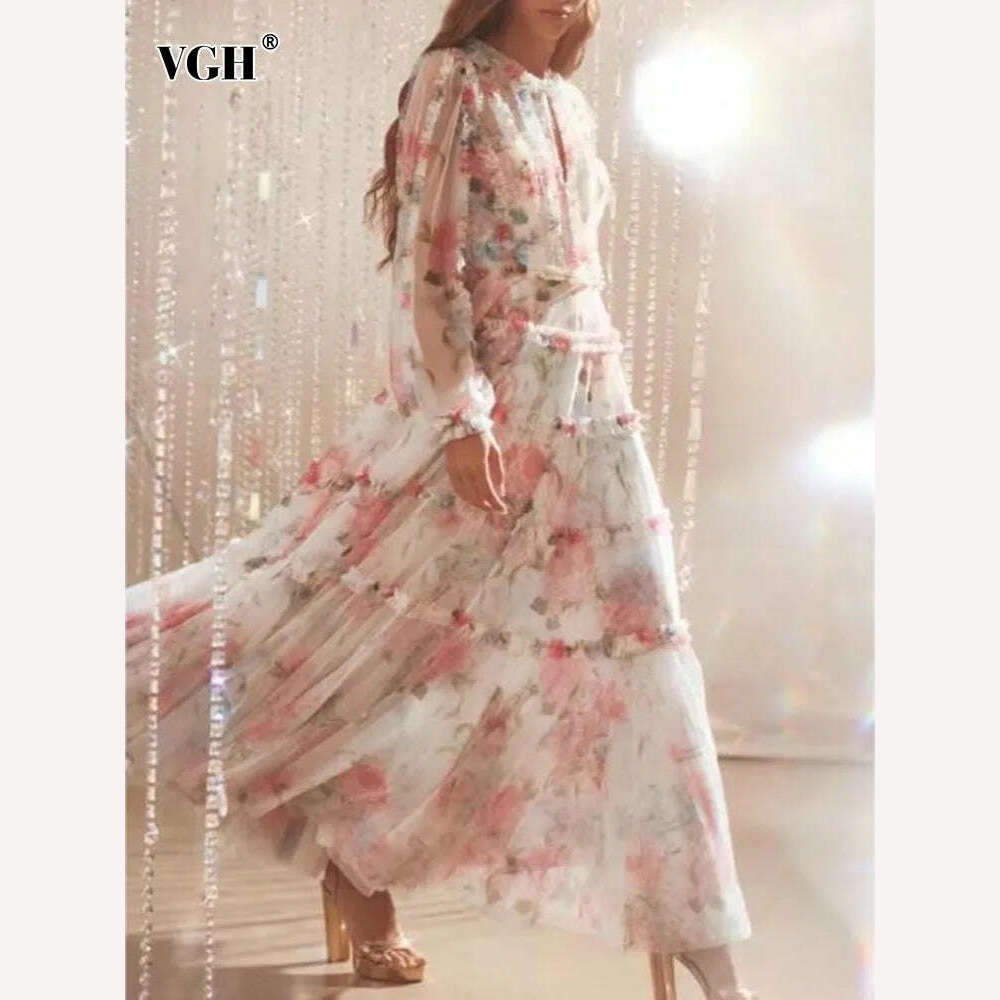 VGH Floral Printing Mesh Dresses For Women Stand Collar Long Sleeve High Waist Spliced Edible Tree Fungus Folds Dress Female New - KIMLUD