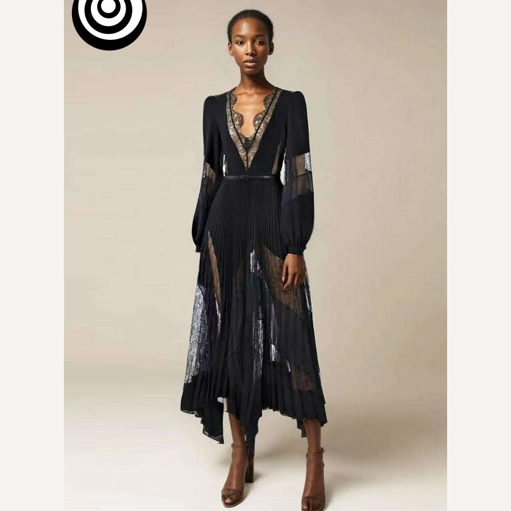 VGH Patchwork Lace Solid Sexy Slimming Dresses For Women V Neck Long Sleeve High Waist Spliced Belt Temperament Dress Female New - KIMLUD