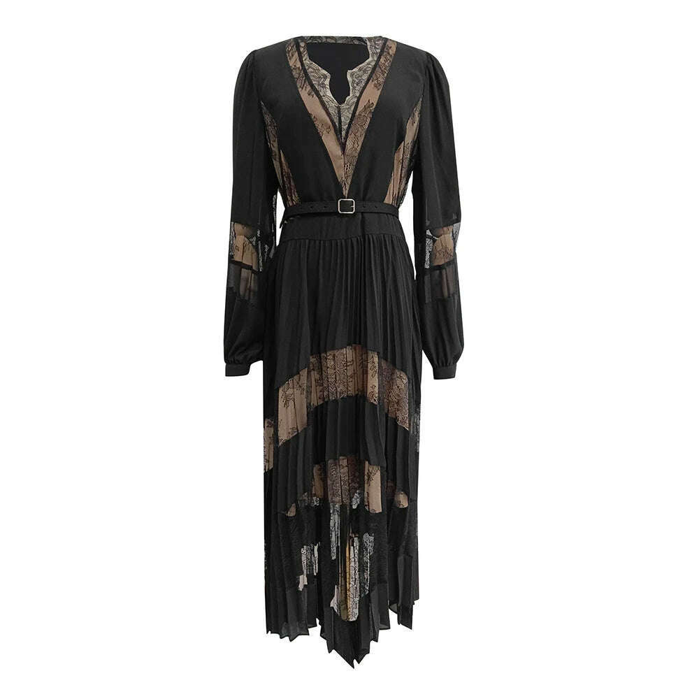 VGH Patchwork Lace Solid Sexy Slimming Dresses For Women V Neck Long Sleeve High Waist Spliced Belt Temperament Dress Female New - KIMLUD