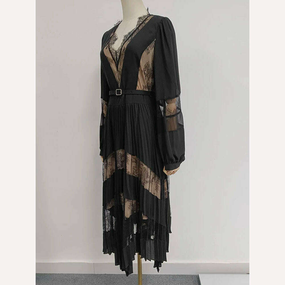 VGH Patchwork Lace Solid Sexy Slimming Dresses For Women V Neck Long Sleeve High Waist Spliced Belt Temperament Dress Female New - KIMLUD