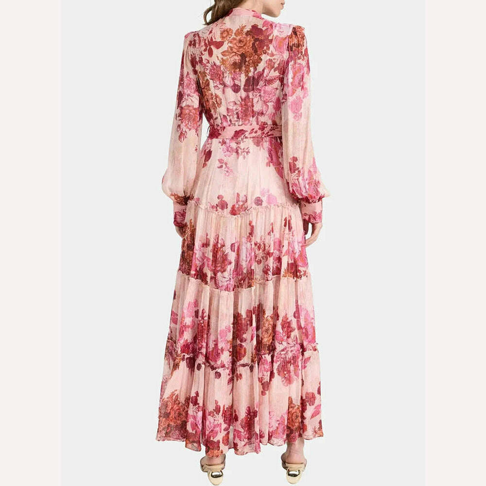 VGH Patchwork Lace Up Printing Vintage Dresses For Women Round Neck Long Sleeve High Waist Spliced Button Elegant Dress Female - KIMLUD