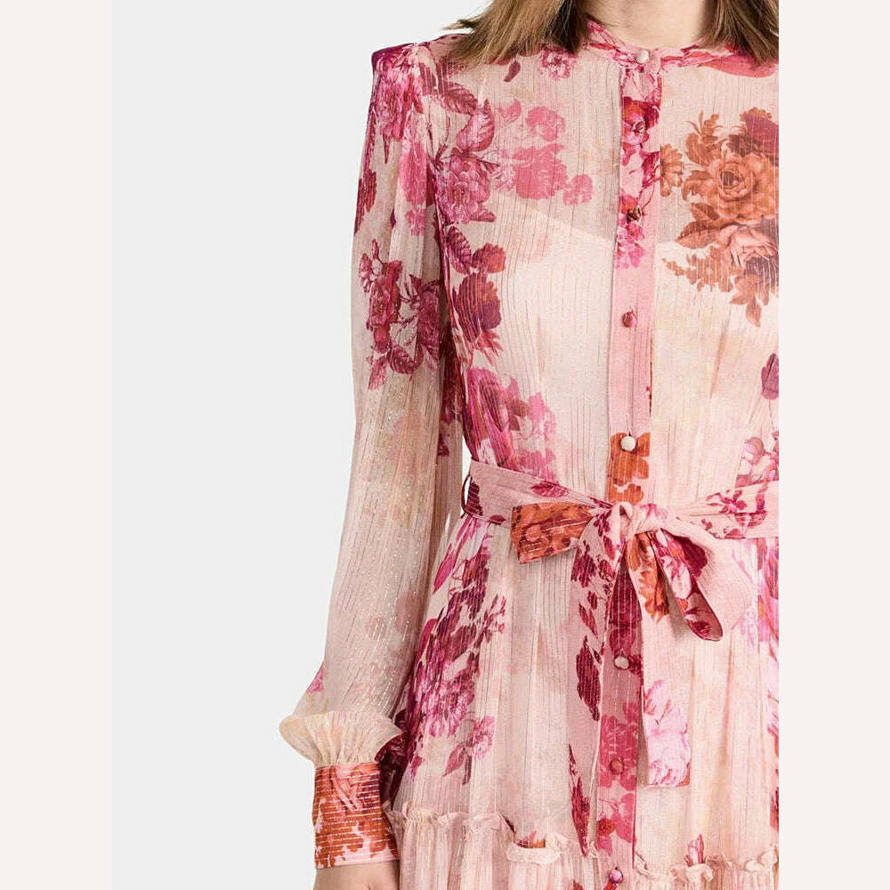 VGH Patchwork Lace Up Printing Vintage Dresses For Women Round Neck Long Sleeve High Waist Spliced Button Elegant Dress Female - KIMLUD