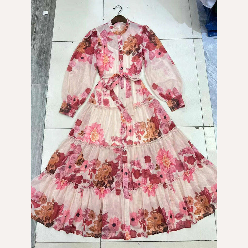 VGH Patchwork Lace Up Printing Vintage Dresses For Women Round Neck Long Sleeve High Waist Spliced Button Elegant Dress Female - KIMLUD