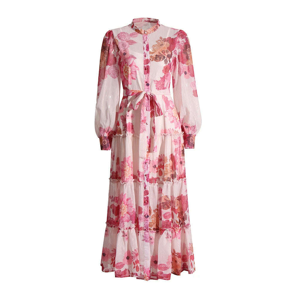 VGH Patchwork Lace Up Printing Vintage Dresses For Women Round Neck Long Sleeve High Waist Spliced Button Elegant Dress Female - KIMLUD