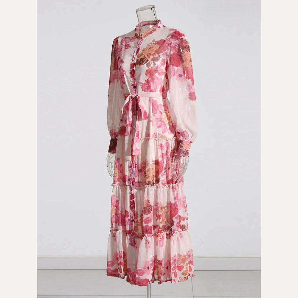 VGH Patchwork Lace Up Printing Vintage Dresses For Women Round Neck Long Sleeve High Waist Spliced Button Elegant Dress Female - KIMLUD