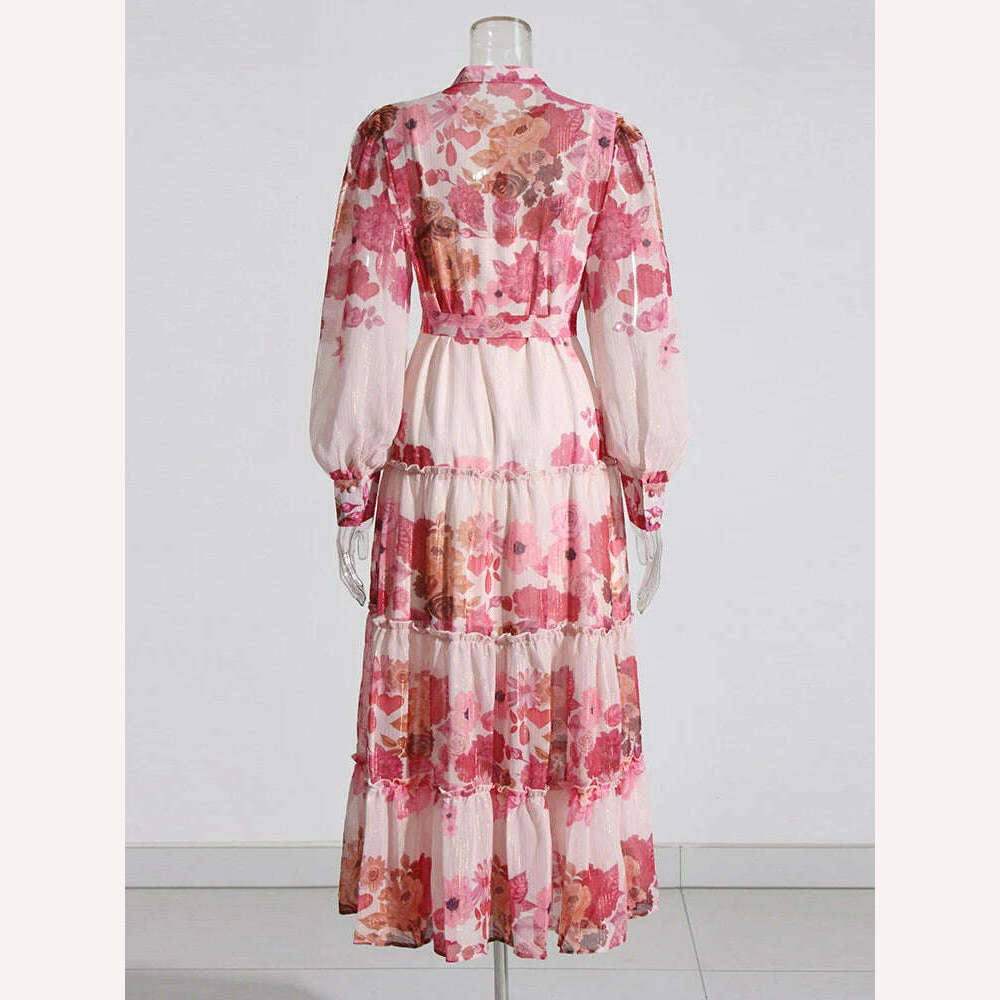 VGH Patchwork Lace Up Printing Vintage Dresses For Women Round Neck Long Sleeve High Waist Spliced Button Elegant Dress Female - KIMLUD